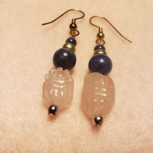 Rose Quartz Scarab, Lapis & Gold Beaded Earrings